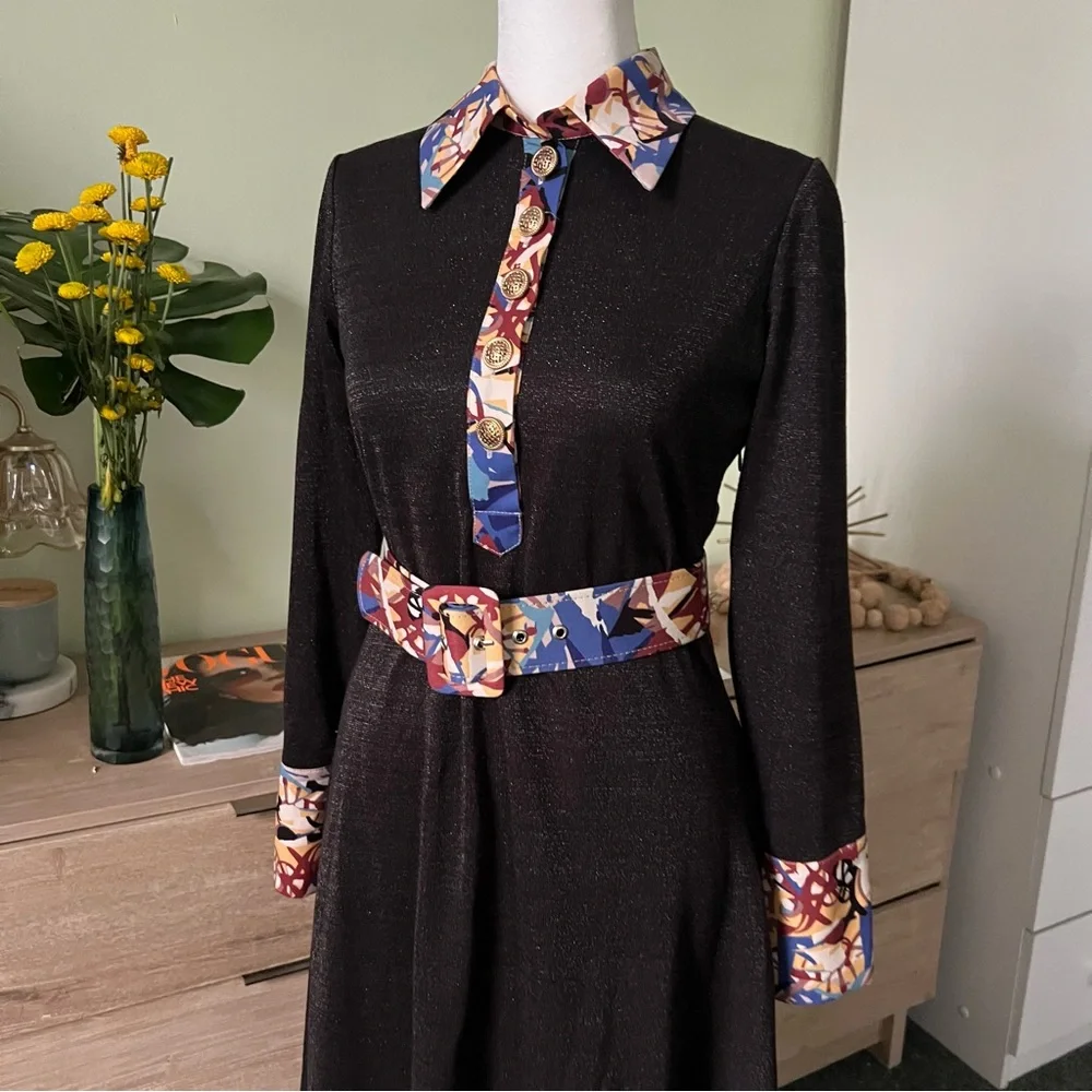 Modest Black Glitter & Vintage Floral Antique Gold Button Fit & Flare Dress Sz S - Picture 3 of 16